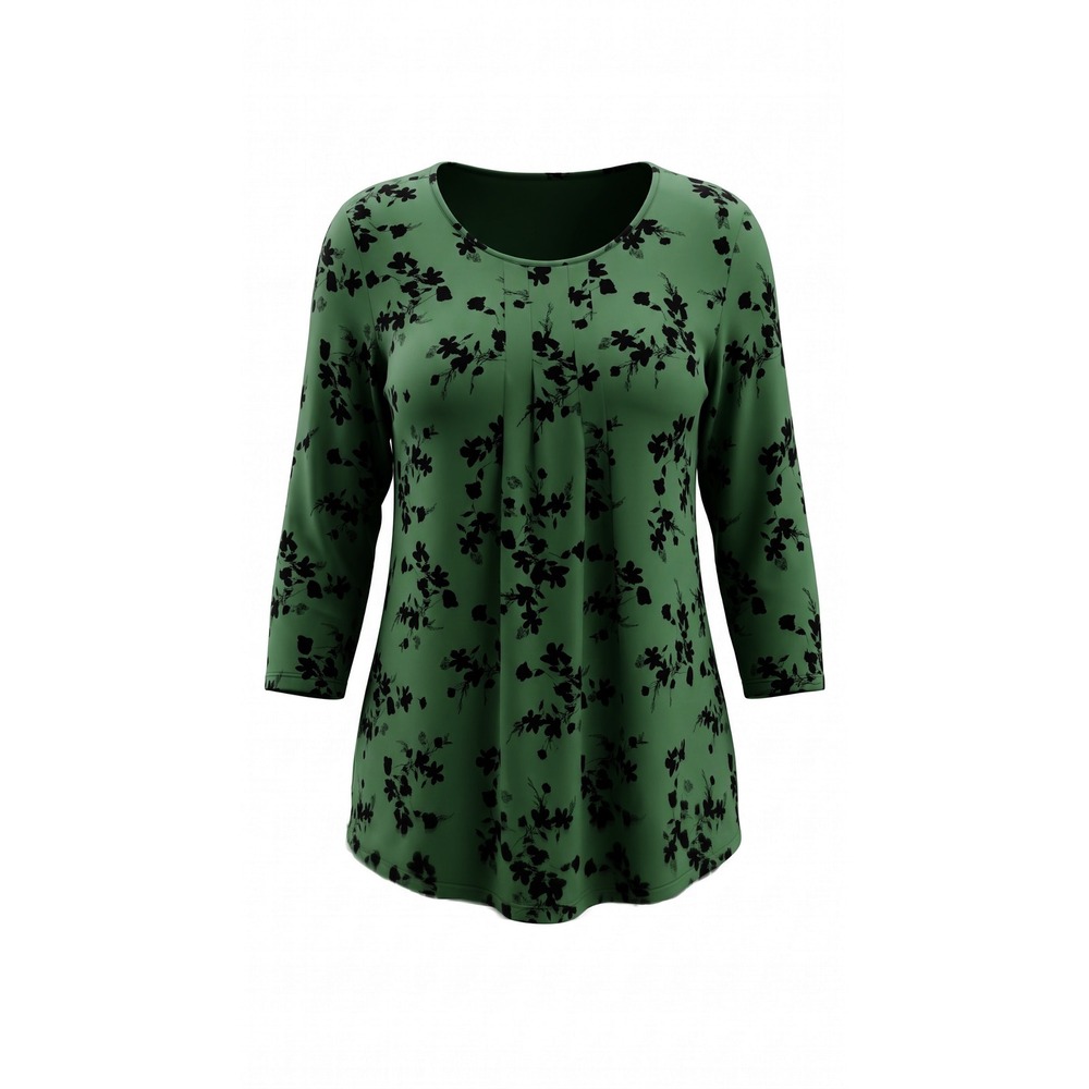 Valolia Green Floral Pleated Front Tunic Top 3/4 Sleeve Blouse XXL